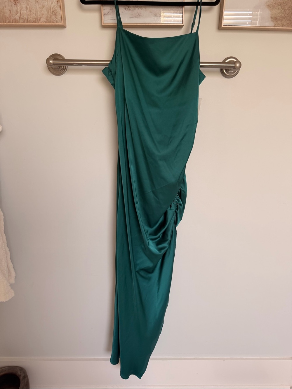 Emerald Green Satin Draped Slip Dress with rousch side
